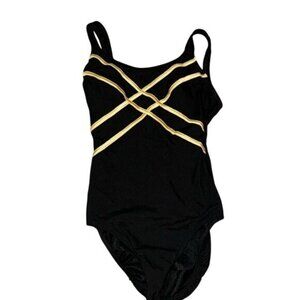 Slim Allure Womens Black & Gold Swimsuit Size 10 Nylon/Spandex Cross Strap Desig